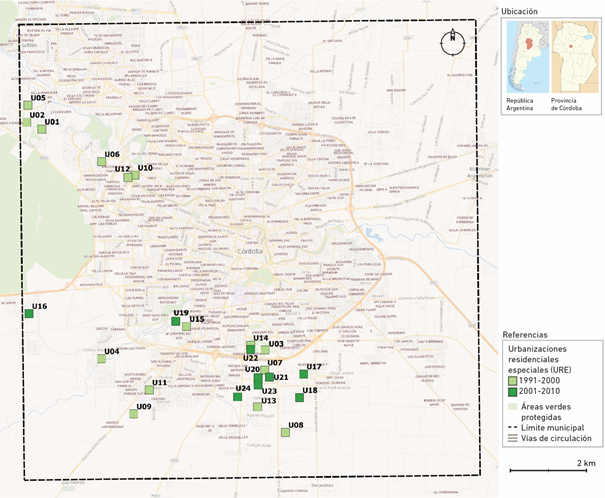 Localización de las
Urbanizaciones Residenciales Especiales en el Municipio de Córdoba según
período (1991-2010)