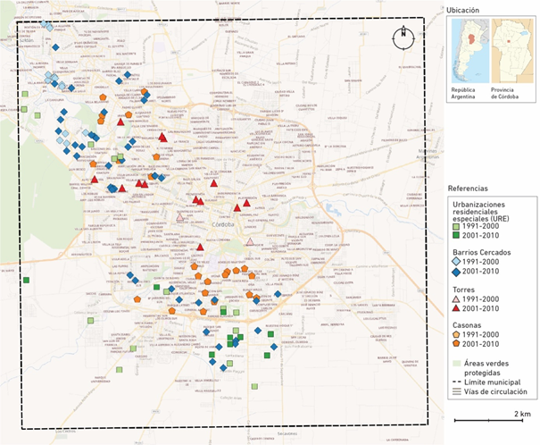 Localización de
    tipologías de barrios cerrados en el Municipio de Córdoba según período
    (1991-2010)