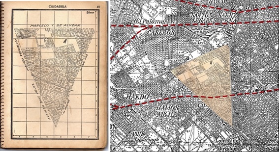 Fig. 6. Láminas  Filcar y detalle de montaje sobre un sector Ciudadela, sobre el plano del IGM,  sección Campo de Mayo