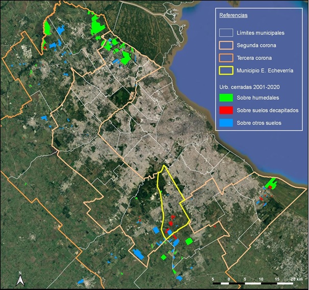 Figura 1. Implantación de urbanizaciones cerradas sobre suelos  decapitados y humedales en la segunda y tercera corona del AMBA en el período  2001-2020 y localización del caso de estudio