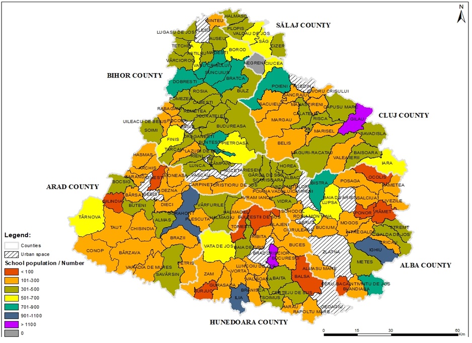 Distribution of the school  population in the rural area of the Apuseni Mountains in 1992.