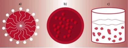 Representación
esquemática de nanoformulaciones, a) nanoemulsión; b) nanoencapsulación; c)
nanodispersión.