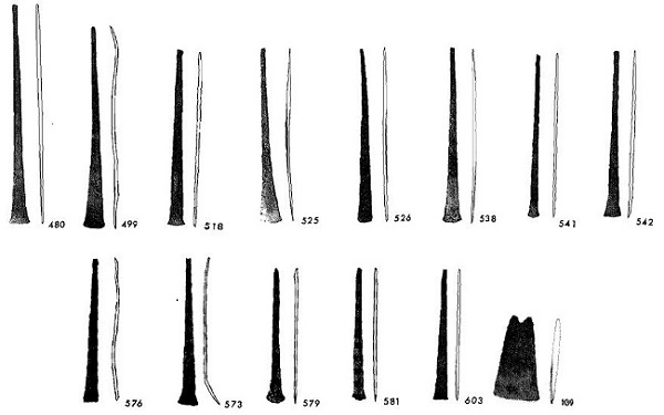 Dibujos de los cinceles y hacha plana
provenientes de Tacuil y registrados por Mayer en el Ethnologisches Museum,
Berlin (1986: láminas 4 y 31-36)