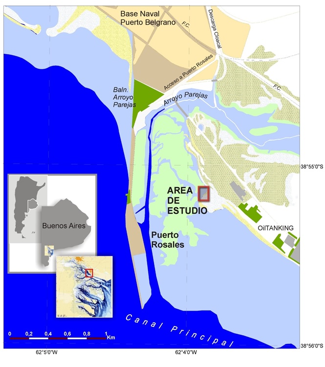 Mapa indicando la ubicación del estuario de Bahía Blanca y el sitio de estudio, Puerto Rosales (Pcia. de Buenos Aires, Argentina) 