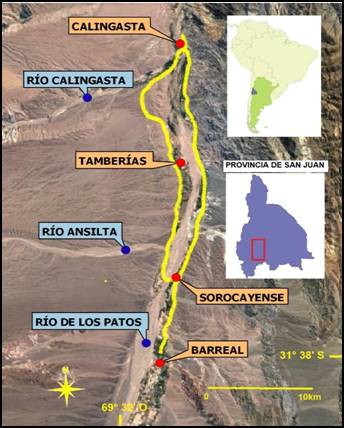 Localización del valle de Calingasta (rectángulo
    rojo en la provincia de San Juan) y principales poblados y accidentes
    geográficos de la zona. La línea continua amarilla indica el recorrido
    realizado