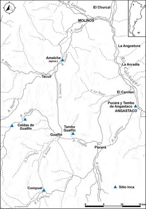 Mapa con localidades arqueológicas del VCM, Salta.