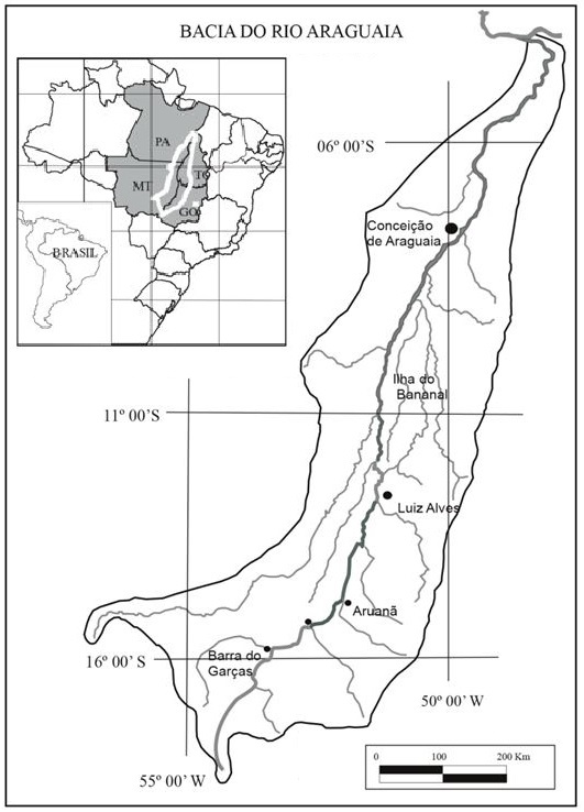 Delimitação da bacia hidrográfica do rio Araguaia. Fonte: Modificada de Bayer
(2010). 

Segundo Latrubesse &
Stevaux (2002), o ambiente de sedimentação na planície aluvial do médio rio
Araguaia é complexo, caracterizando-se por várias unidades morfo-sedimentares,
constituídas por sedimentos do Holoceno e do Pleistoceno tardio. De acordo com
a classificação genética de planícies aluviais proposta por Nanson & Croke
(1992), a do rio Araguaia pode ser considerada como de inundação classe B, de
média energia, não coesiva, em equilíbrio dinâmico, com o regime de fluxo
anual, e não afetada usualmente por eventos extremos (Bayer 2002). 

 