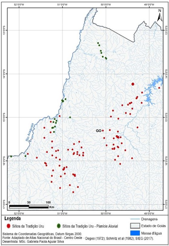 Mapa
    com a distribuição dos sítios arqueológicos da Tradição Uru no estado de
    Goiás.