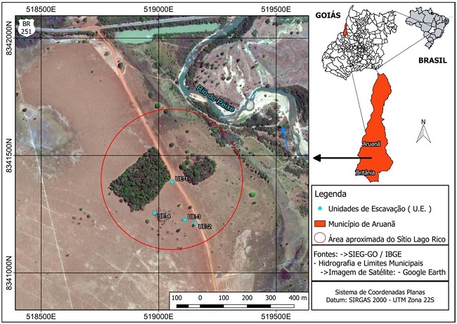  Mapa de
    localização e delimitação do sítio Lago Rico e das unidades de
    escavação