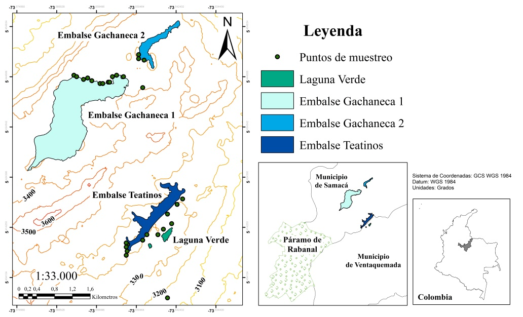 Localización del área de
estudio: Ubicación de las parcelas
en los embalses Teatinos, Gachaneca I Y Gachaneca II.
