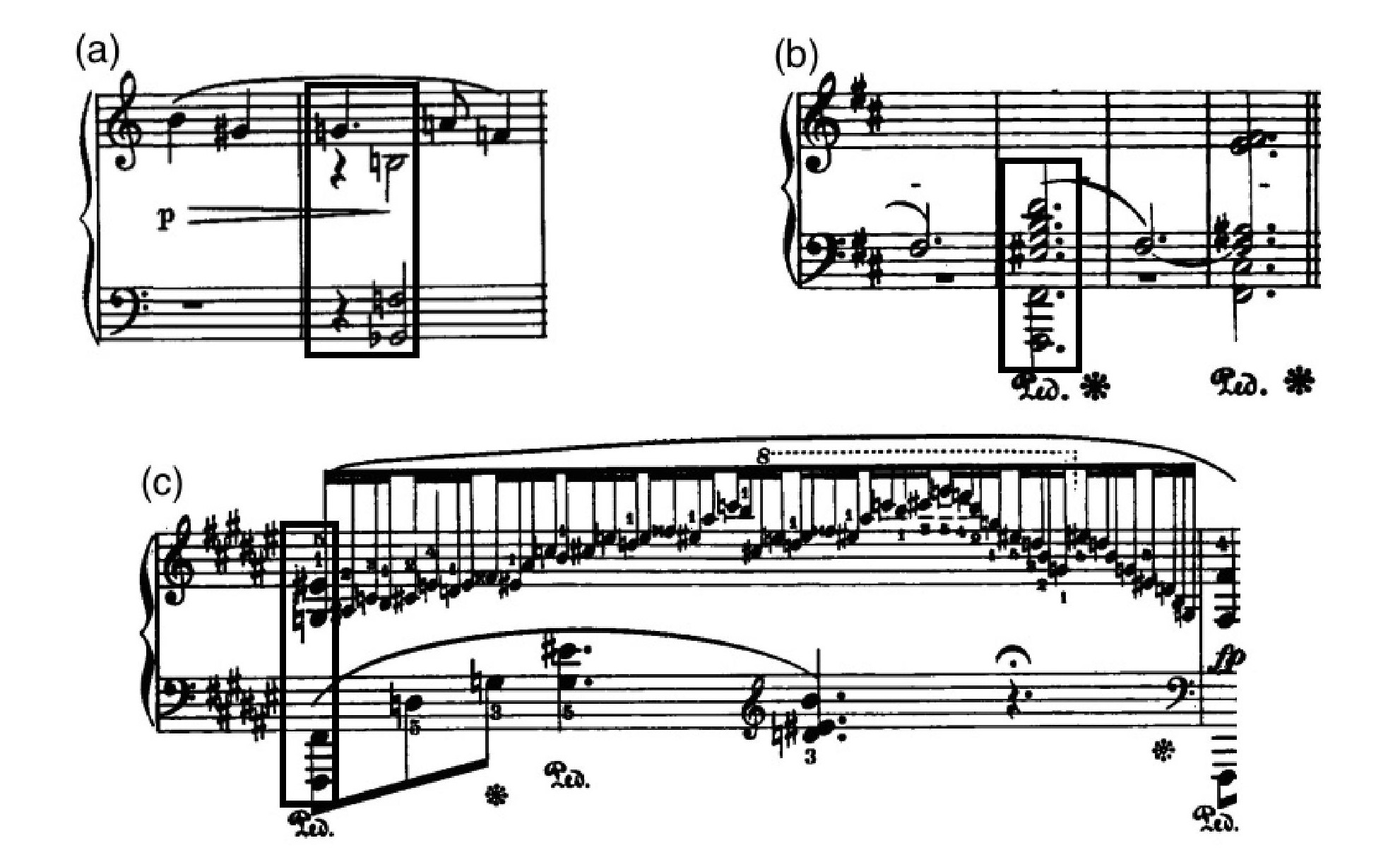 Fig. 3: (a) Schoenberg: Op. 11, nº 1, c. 1-2; (b) Chopin: Polonaise-Fantaisie, c. 144-147; (c) Chopin: Barcarolle, c. 110.