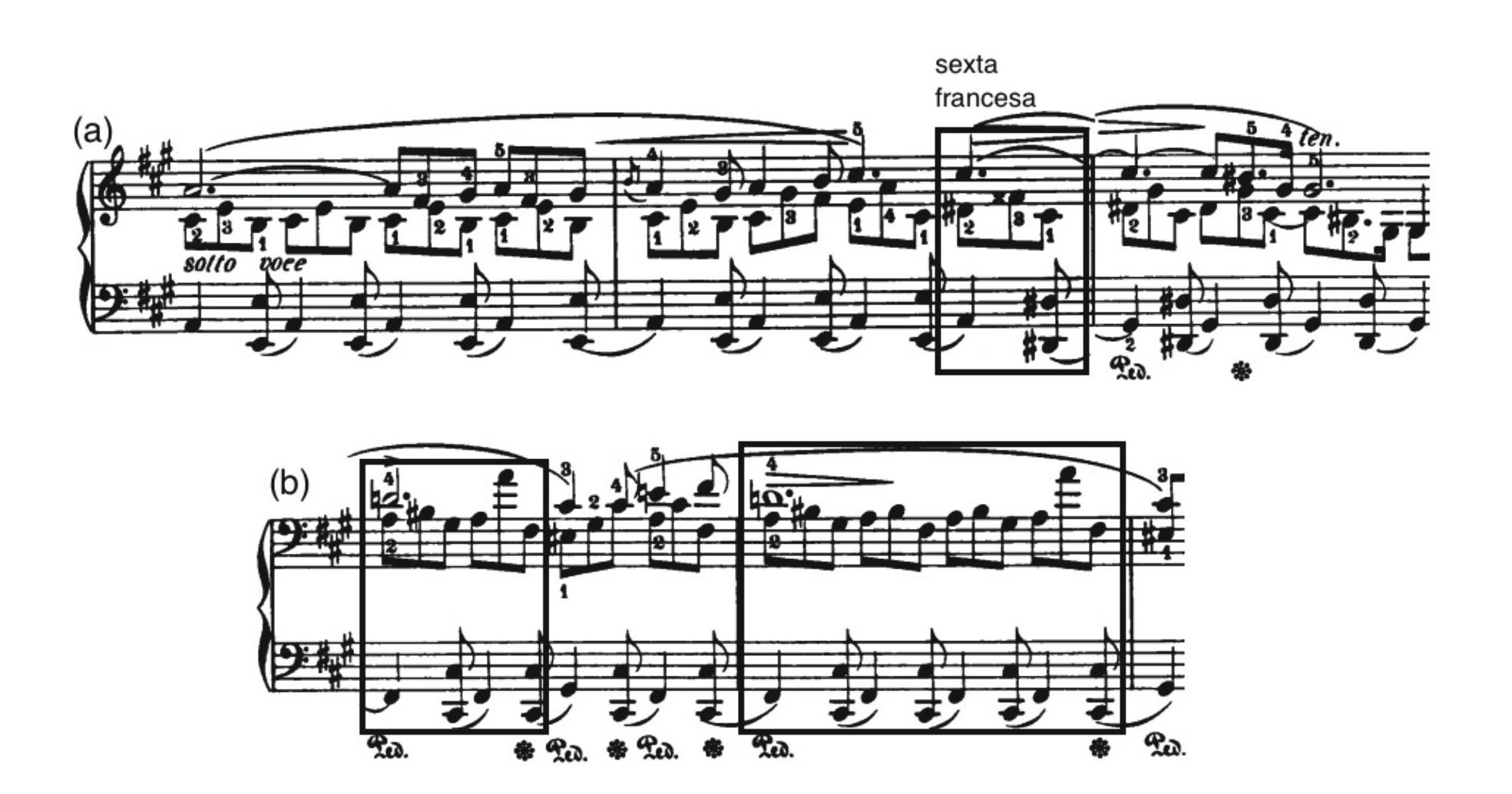 Fig. 4: (a) Chopin: Barcarolle, c. 40-42; (b) Chopin: Barcarolle, c. 48-49.