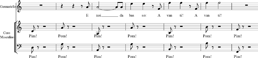 Um exemplo do coro
masculino utilizando-se de recurso onomatopaico em tessitura grave.