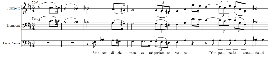 Conclusão de uma frase no recitativo de Duca d’ Arcos. Instrumentos graves com a sustentação dos metais em ff e anda- mento lento auxiliam no caráter do trecho. 

          