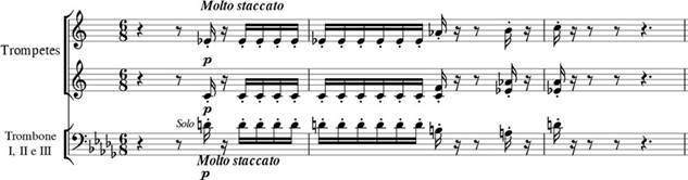 Primeiros compassos da sinfonia da ópera Salvator
Rosa. Apenas trompetes e trombone iniciam a obra.
