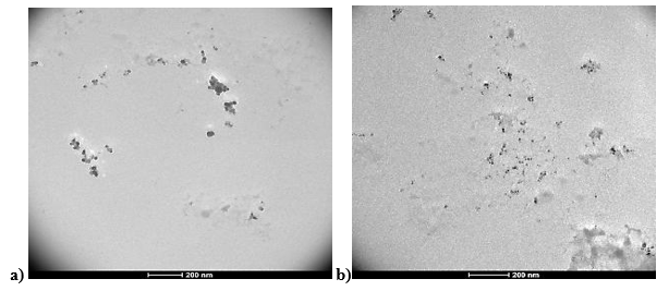 Micrografías TEM de AgNps usando extracto acuoso de hojas de ajo empleando
(a) placa de calentamiento y (b) microondas