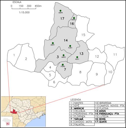 Mapa da Microrregião de Assis-SP com destaque para os municípios onde se localizam as organizações pesquisadas.