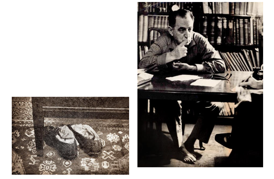 Os sapatos de Malba Tahan durante reportagem da Revista da Semana em sua casa (1946);  

e
ele, descalço, em seu escritório, em entrevista ao Correio da Manhã (1966).