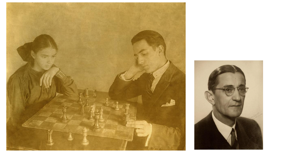 Malba, jogando com as brancas, prestes a mover a torre para
o mate[2]. A
legenda original diz: 

“Eu e Olga jogando xadrez
(ret. tirado pelo Milliet) – 1918” (Arquivo de Queluz).
Ao lado, José Milliet, cunhado de Malba e autor da
foto. 

 