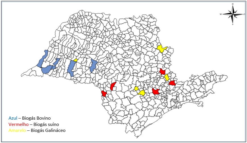 Localização geográfica dos cinco municípios com
maiores potenciais de produção de biogás a partir de dejetos bovinos (Azul),
suínos (Vermelho) e galináceos (Amarelo). 

 

      