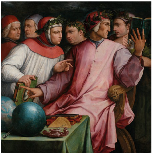 Giorgio Vasari, Seis poetas toscanos (De derecha aizquierda: Cavalcanti, Dante, Boccaccio, Petrarca, Cino da Pistoia y Guittone d'Arezzo. Pintura al óleo (1544).11