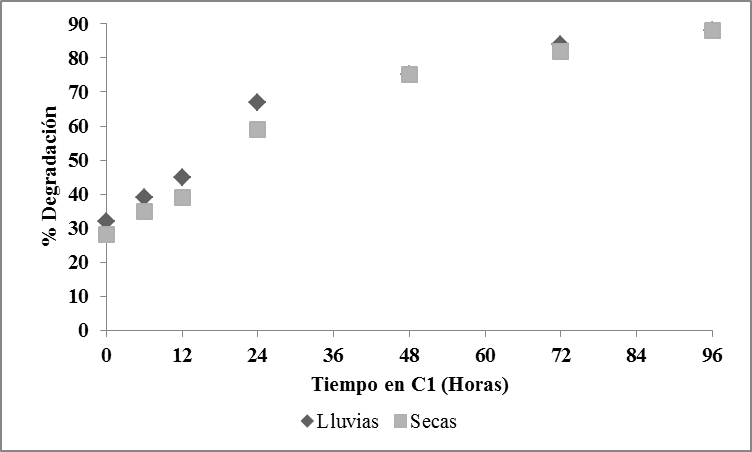 Promedios de degradación de MS (%) 

de
pasto chilliwar a diferentes edades, 

evaluadas
en llamas