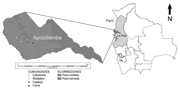 Localidades estudiadas durante 2006, en el
ANMIN Apolobamba, del departamento de La Paz, Bolivia