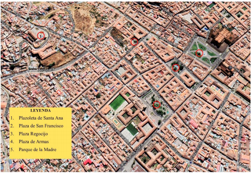 Ubicación de las áreas verdes en el Centro
Histórico del Cusco. (Google inc., 2020) Recuperado de: Google earth