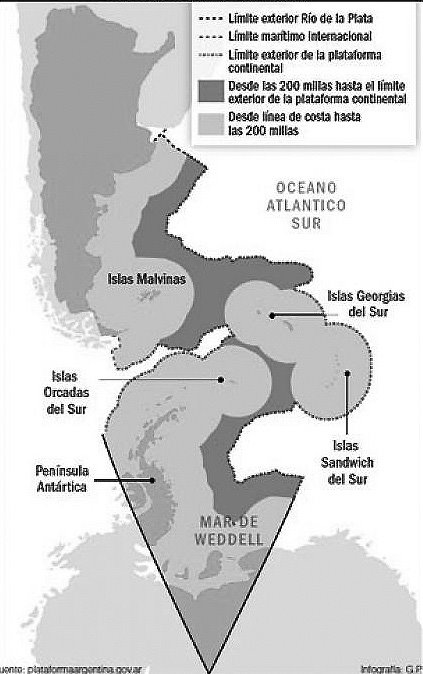 Mapa bicontinental de la República Argentina donde se
indican los límites exteriores de la Plataforma Continental Argentina