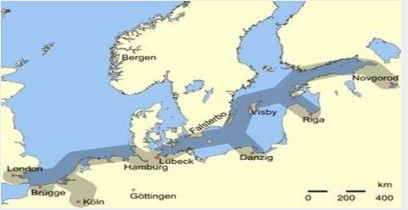  Principales rutas de las Ligas Hanseáticas en
la región del Báltico: 1158-1159/1630