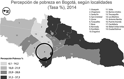El
mapa de percepción de pobreza en Bogotá, indica la segregación. La Localidad
Kennedy (8), en la frontera entre índices medios y bajos