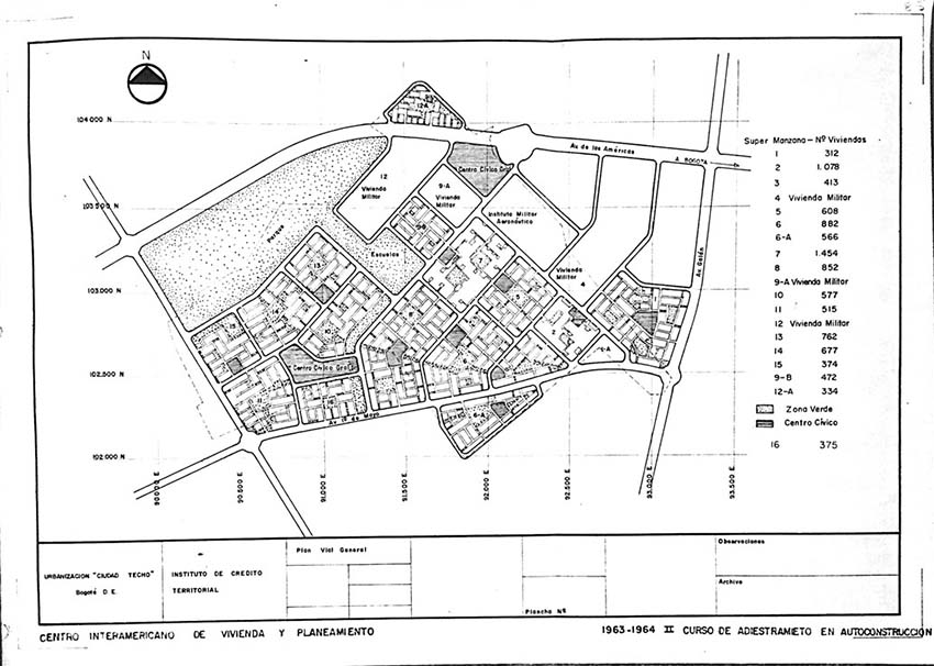 Plan
de Ciudad Kennedy, reproducido en el Curso de Adiestramiento en
Autoconstrucción del CINVA (1963-1964)