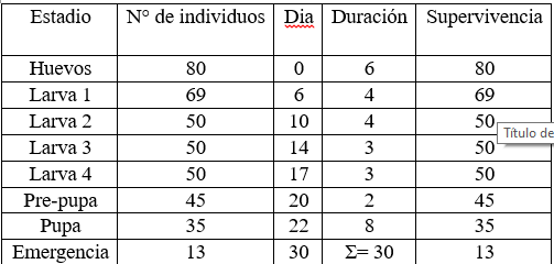 Duración promedio en
días de los distintos estadios inmaduros de Dione juno.