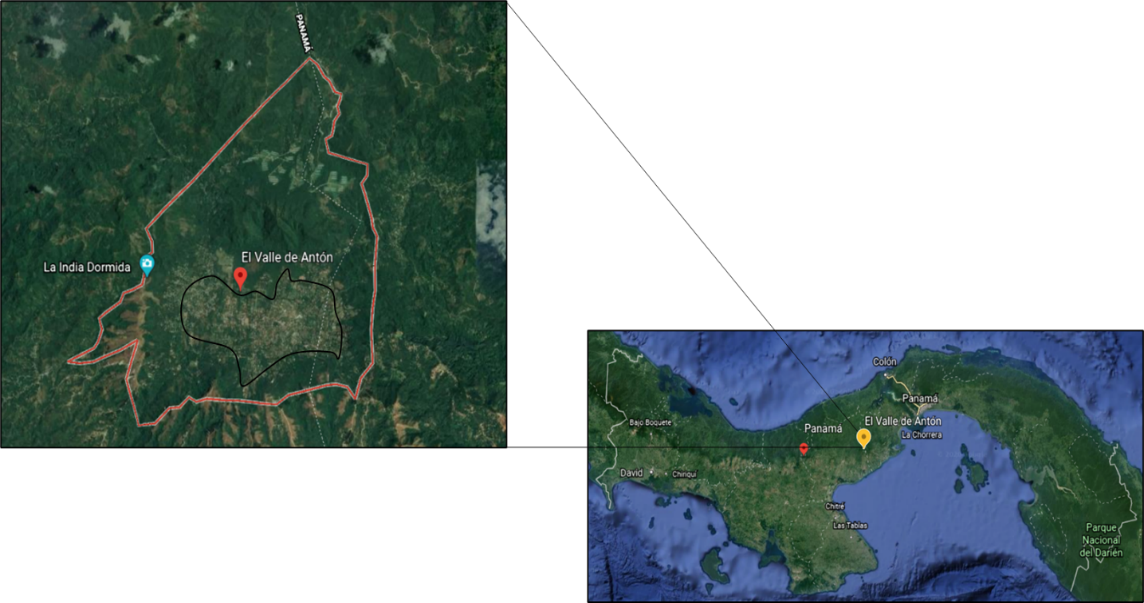 Vista panorámica. El Valle de Antón (Google s.f.). [Localización
de El Valle de Antón, Provincia de Coclé, Google Earth]. Recuperado el 13 de
enero del 2020. (Rojo-Territorio de El Valle de Antón, negro-área principal de
muestreo)