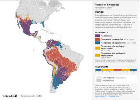 Distribución geográfica del mosquero bermellón Pyrocephalus rubinus en America según
eBird 2018