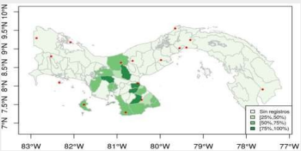 Representación gráfica de la distribución, por distritos, de la
seroprevalencia del virus de la bronquitis infecciosa aviar en animales de
granjas no tecnificadas, con indicativo de la localización de los parques
nacionales (puntos rojos).