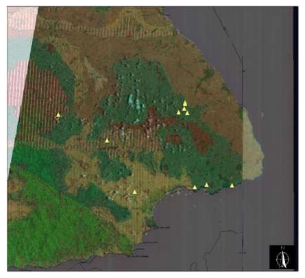 Sobre posición: datos
vectoriales imagen Lansat ETM y mapa geológico raster.