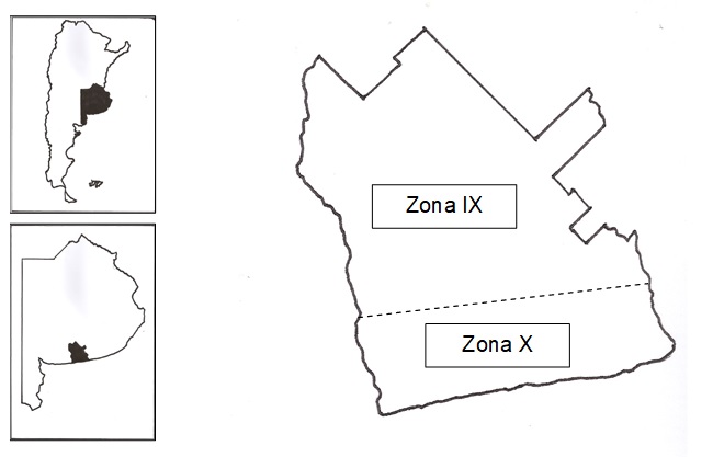 Ubicación
del Partido de Tres Arroyos (provincia de Buenos Aires, Argentina) y de las dos
áreas agroecológicas analizadas: zona IX o de suelos someros y zona X o de
suelos profundos.