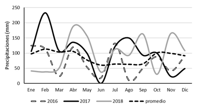 Precipitaciones
registradas en la CEI Chascomús promedio del período 1977-2019 y para los años
2016, 2017 y 2018
