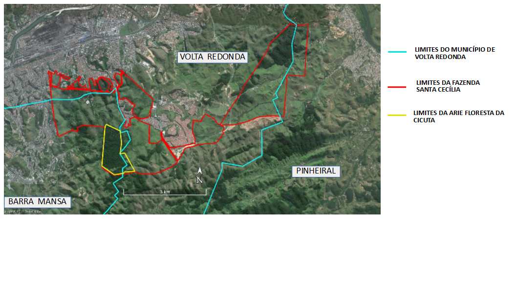 Dimensões
da Fazenda Santa Cecília em comparação a ARIE Floresta da Cicuta e as cidades
de: Volta Redonda, Barra Mansa e Pinheiral, RJ.