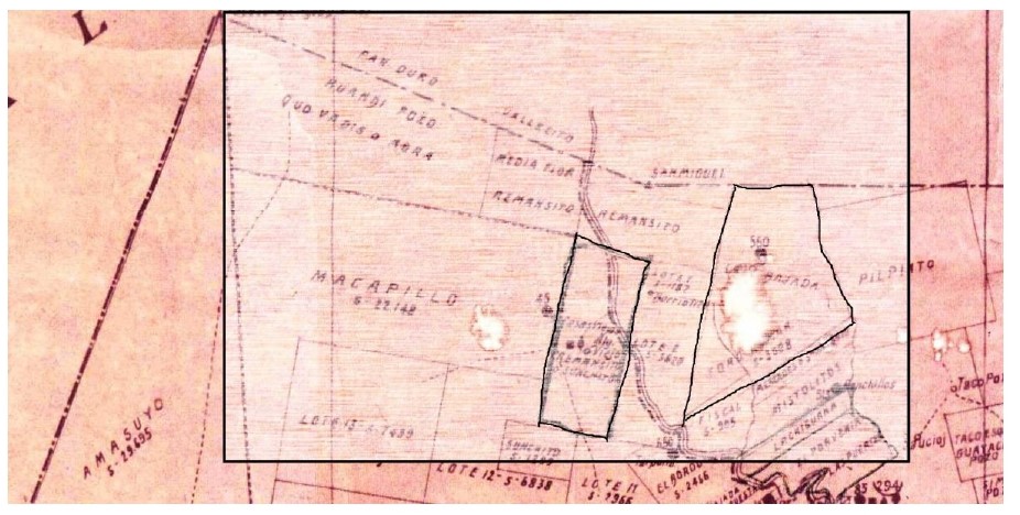 Dentro de la reducción
de Macapillo, las dos estancias que se venden hasta 1850, hacia el oeste
“Sunchito y Remansito” y al oeste “Toro Human”.