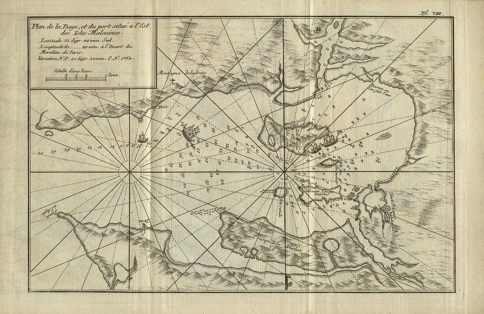 Plan de la Baye
et du port situé a l'Est des Isles Malouines - Pl. VIII