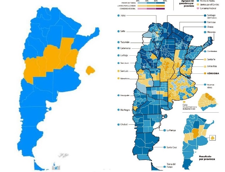 La Argentina “de Boca” (Elecciones Presidenciales de 2019). Coalición
Ganadora por Provincia y Departamento (Azul Frente
de Todos; Amarillo Juntos por el Cambio).
