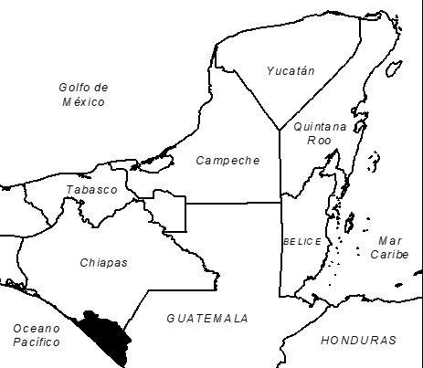 Localización del Soconusco, Chiapas. (Fuente: ECOSUR, 1999).