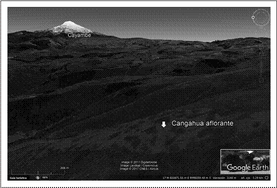 Análisis del patrón espacial y tridimensional de la
distribución de las cangahuas mediante imágenes satelitales de alta
resolución espacial, entre ellas DigitalGlobe y CNES/Airbus, disponibles en
Google Earth Pro 7.3. Volcán Cayambe en el fondo.