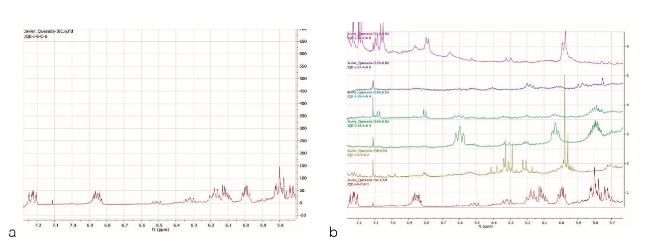 a) Espectro 1H-RMN del extracto de Echinacae purpurea (muestra de USA) 5.70 a 7.30 ppm. (CDCl , 600 MHz). b) Espectros representativos de las muestras de Echinacae de los productos locales, (CDCl3, 600 MHz), el espectro del producto de USA corresponde al espectro 1 (parte de abajo).