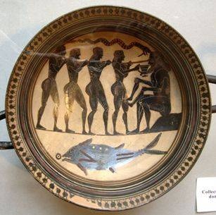 Odysseus and his men
blinding Polyphemus. 
Laconian black-figure cup, 565-560 BC.  