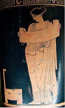 Muse, perhaps Clio, the muse of history,
reading a scroll 
(Attic red-figure lekythos, Boeotia, c. 430 BC)