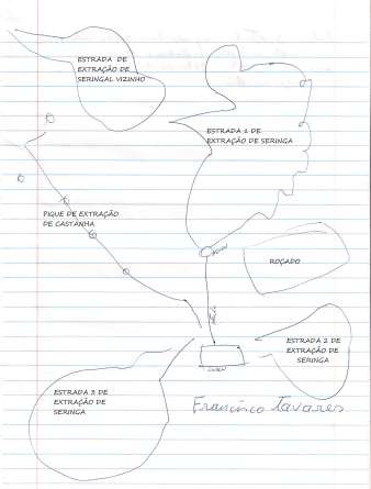 Figura
01 – Mapa de uma colocação em um seringal desenhado 

pelo ex-seringueiro
Francisco Tavares/abril 2011