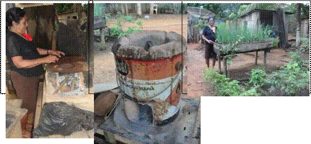 Fotos 01,02 e 03 respectivamente - D. Francisca e o seu ressignificar a vida na cidade,
o fogão a lenha. O fogareiro a carvão e o canteiro de palafitas. Extrema/RO, julho de 2011. 
